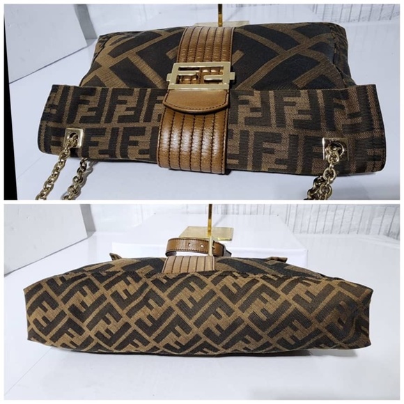 Authentic Fendi Tobacco Zucca Canvas and Leather Maxi Baguette Flap Shoulder Bag - Picture 7 of 14